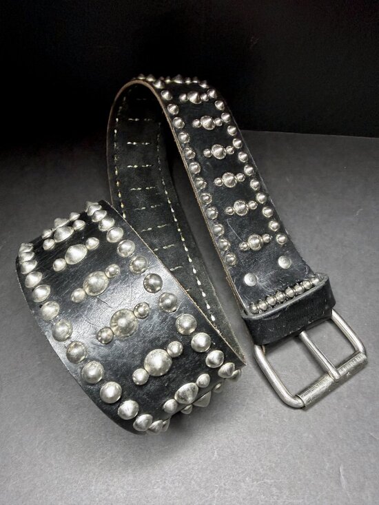 Vintage Thick Leather Belt Black Punk Goth Grunge Wide Studded Hardware 33\